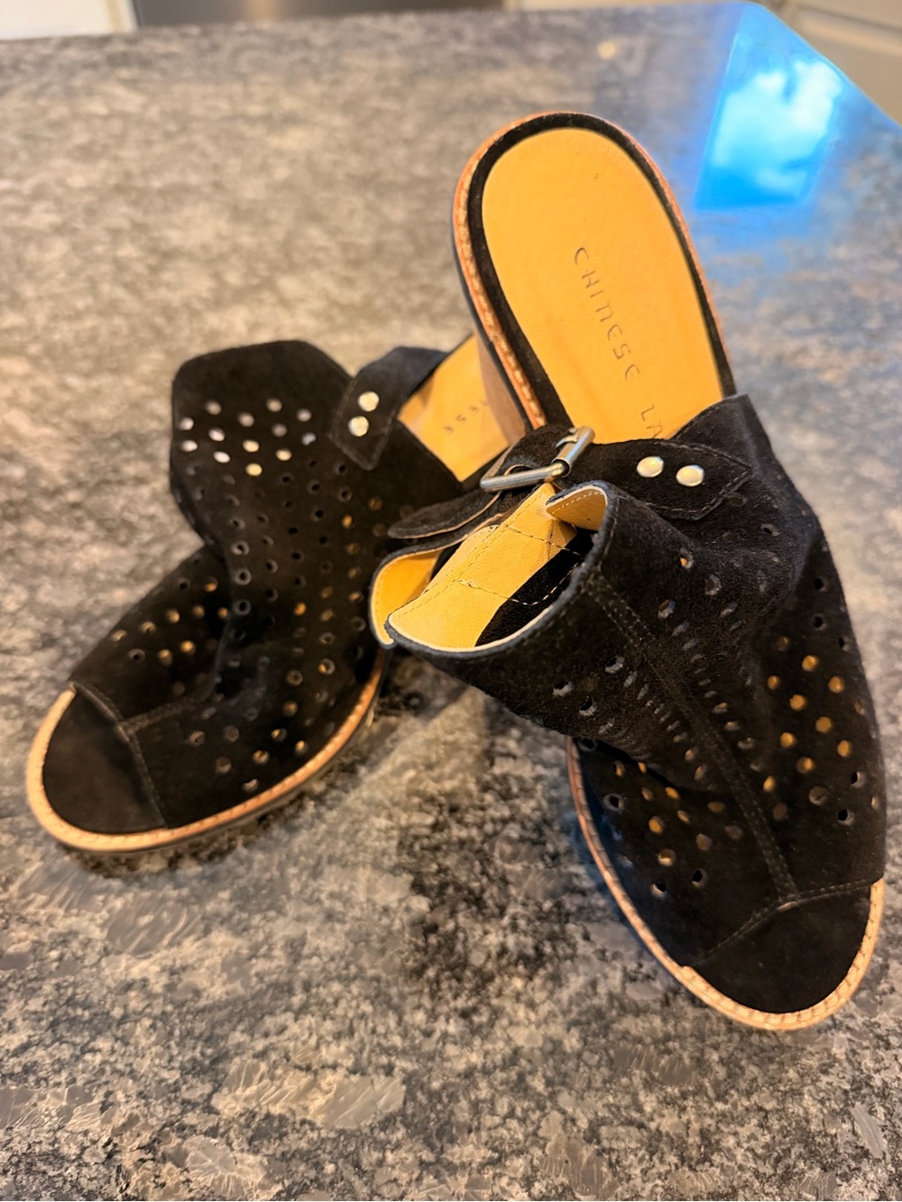 Chinese Laundry Black Perforated Peep Toe Wedge Sandals - Size 8